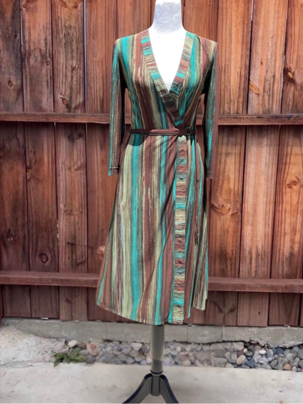 BCBGMaxAzria Striped Wrap Midi Dress in Teal and Brown